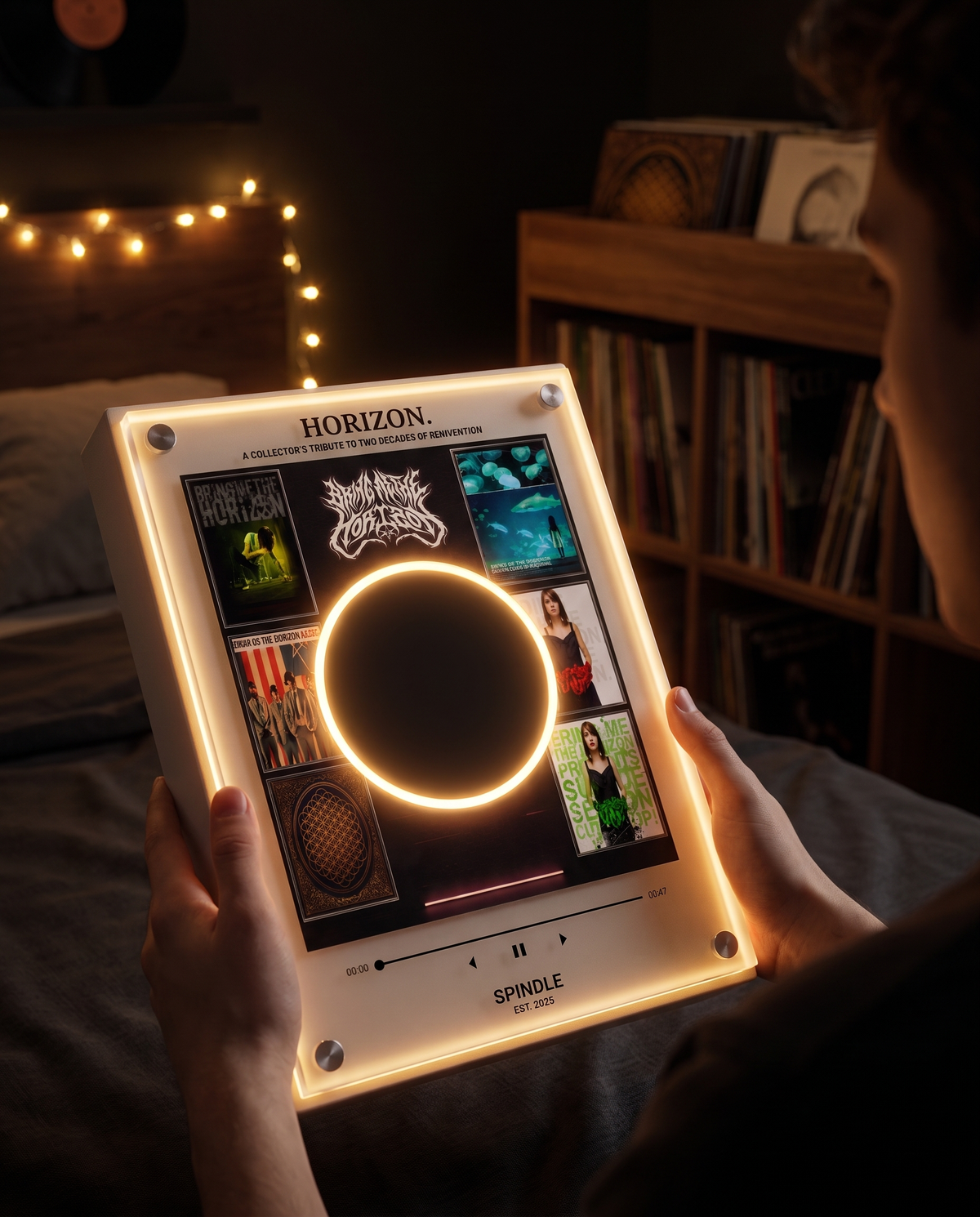 HORIZON display held in hand, glowing