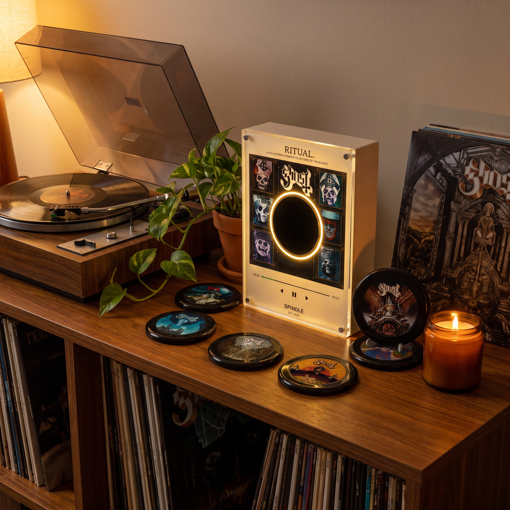 RITUAL display styled with a turntable and vinyl records